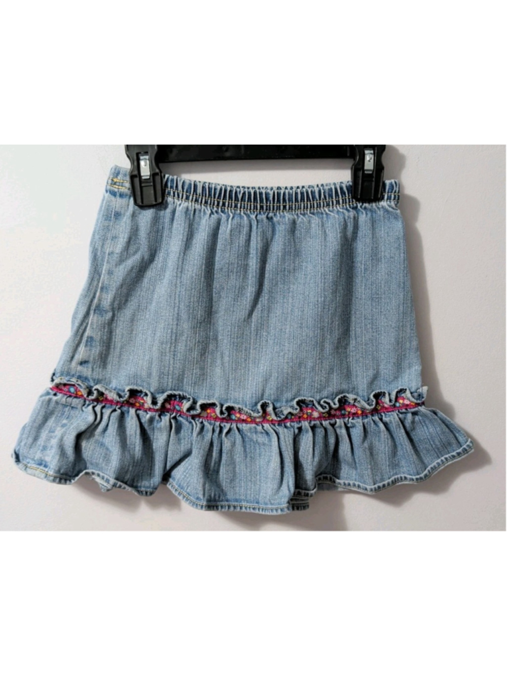 HANNA ANDERSSON Girls Denim Jean Elastic Waist Skirt Pink Ribbon Ruffle Sz 110/5